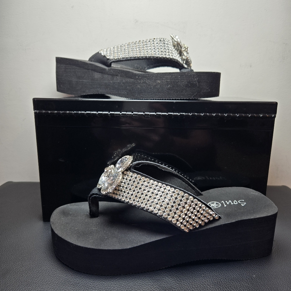 Soul West Flip Flops 6 Women's Chunky Platform Y2k Rhinstone Gem Slip Ons